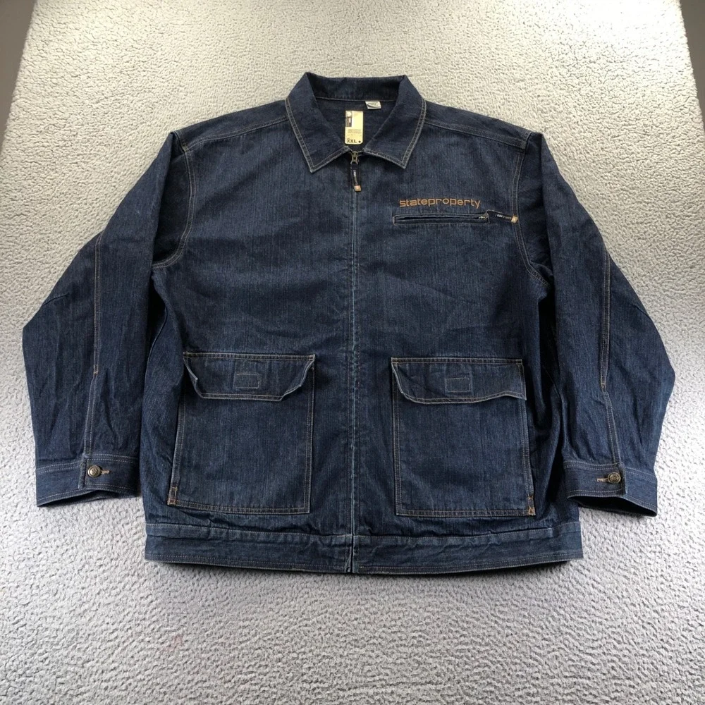 Vintage State Property Jacket Mens 2XL XXL Blue Denim Rocawear Y2K Hip Hop